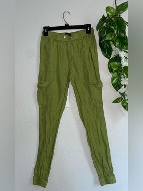 Nicole Miller NY 100% Linen Cargo Jogger Olive Green Boho Utility XS